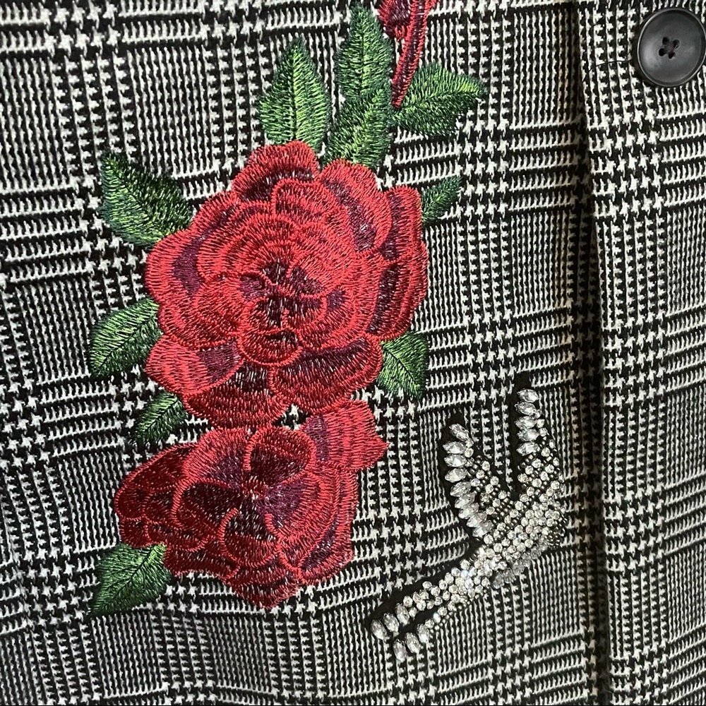 INC Glen Plaid Pea Coat Black White Embellished Small Rose Embroidery - Picture 6 of 12